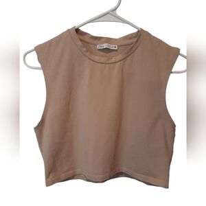 Zara Top Womans XL Tan Sleeveless Cropped Activewear Athleisure Sporty